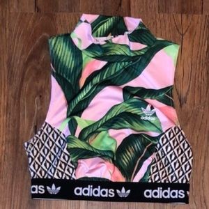 Adidas Big Leaf Track Crop Top Pink Green Floral M